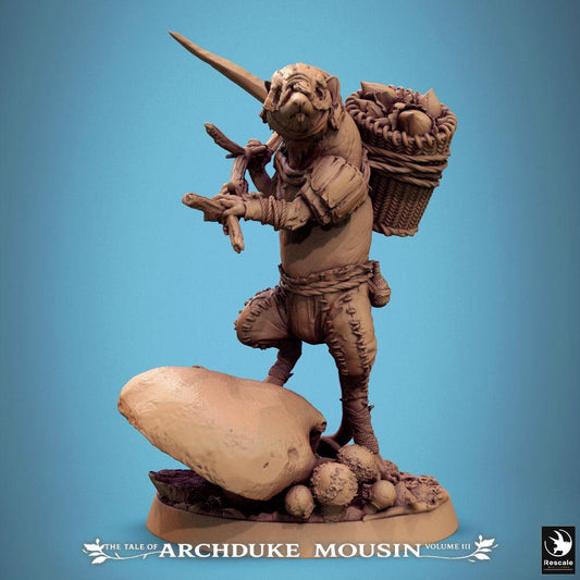 Produktfoto Tabletop 28mm Lord of the Print (LotP) 0: Tabletop Miniatur: Mausfolk Waldläufer und Nager‑Späher/Pfadfinder - Trapper und Jäger mit Speer, Rückenkorb und Feuerholz auf Pilz‑Waldboden‑Base (25_07_K1)