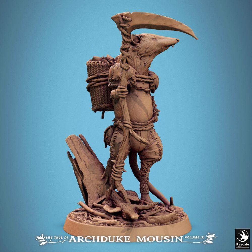 Produktfoto Tabletop 28mm Lord of the Print (LotP) 0: Tabletop Miniatur: Maus-Waldläufer Ranger und Späher - Tiermensch im Spitzmaus-Look (Etruscan Shrew) mit Sense, Wanderstab und Tragekorb (25_07_K7)
