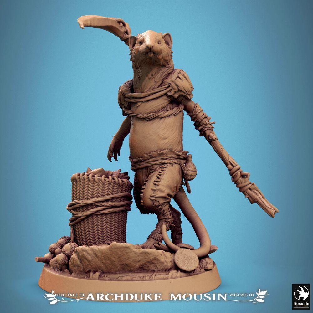 Produktfoto Tabletop 28mm Lord of the Print (LotP) 0: Fantasy Miniatur: Mäusevolk Waldläufer und Späher, Speerträger auf szenischer Base mit Vorratskorb (25_07_K9)
