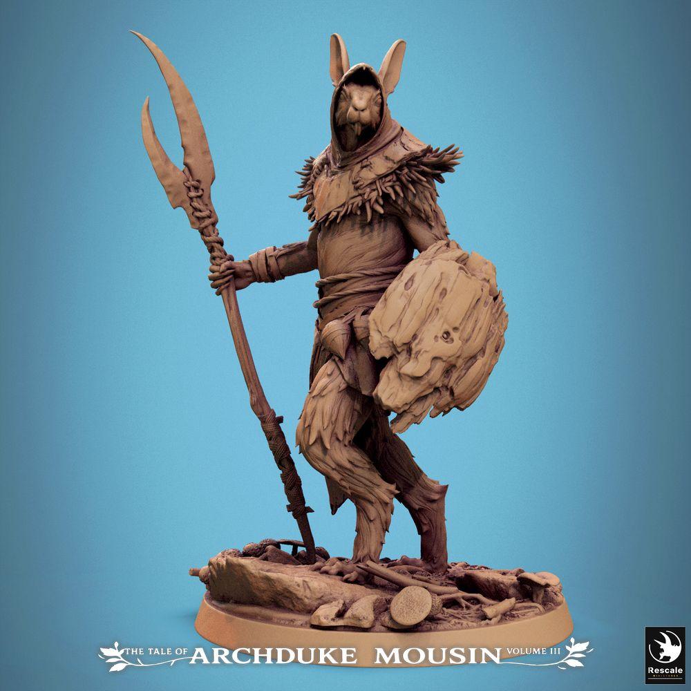 Produktfoto Tabletop 28mm Lord of the Print (LotP) 0: Tabletop Miniatur: Hasenkrieger, Tiermensch Speerträger mit Gabelspeer und Rundschild, Waldwächter, Stammeskrieger (25_07_N11)