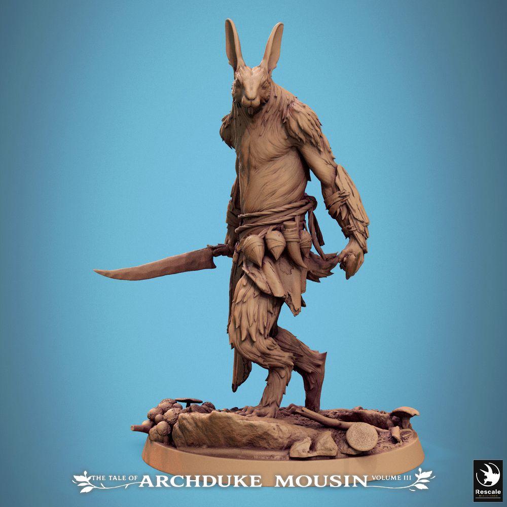 Produktfoto Tabletop 28mm Lord of the Print (LotP) 0: Fantasy Figur: Hasenkrieger, Tiermensch-Waldläufer, Schwertkämpfer mit Krummschwert, Rabbit Warrior (25_07_N13)
