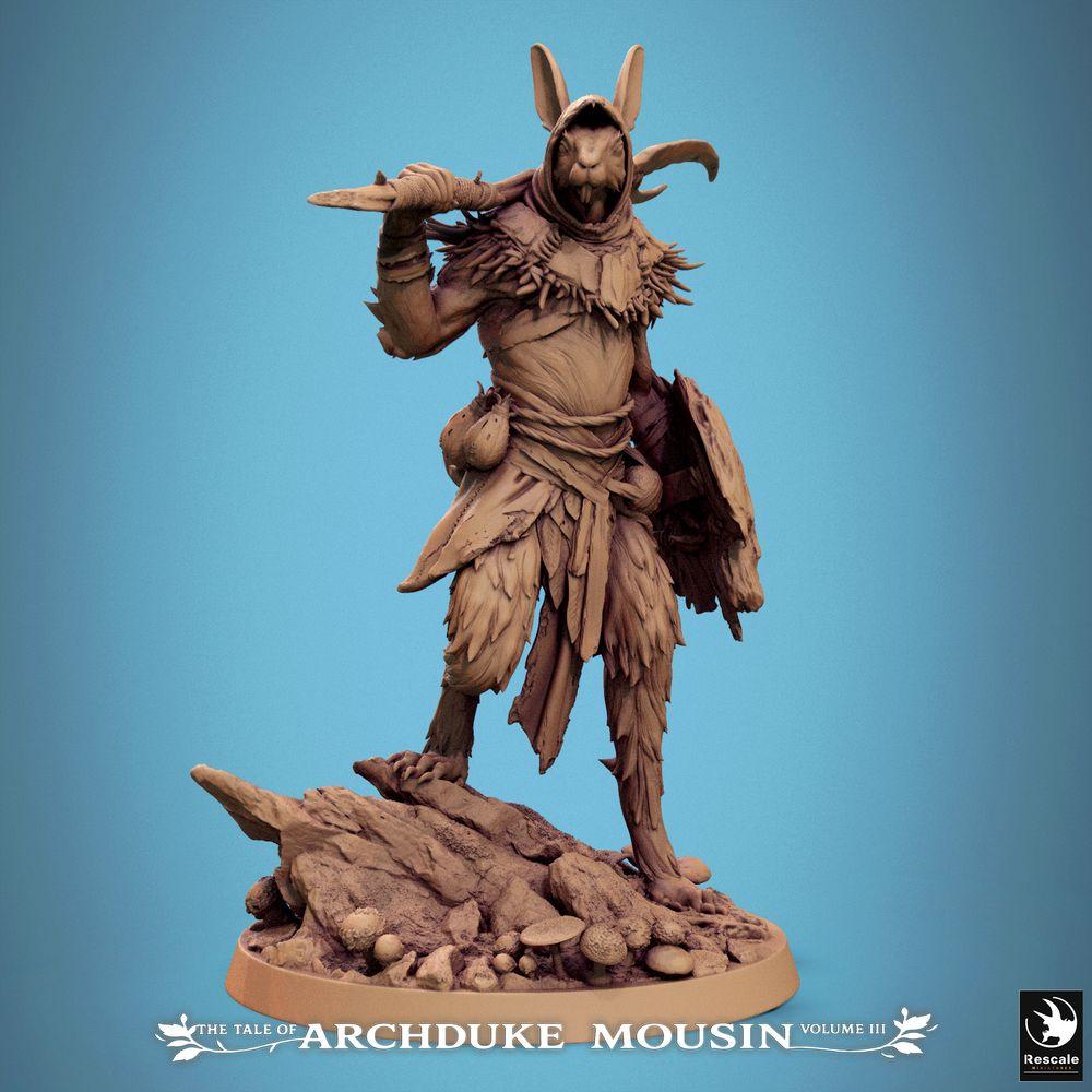 Produktfoto Tabletop 28mm Lord of the Print (LotP) 0: Tabletop Miniatur: Hasenkrieger Tiermensch - Waldläufer, Scout und Schurke mit Sichelklinge und Rundschild auf Fels-Base - Rabbit Triumph (25_07_N17)