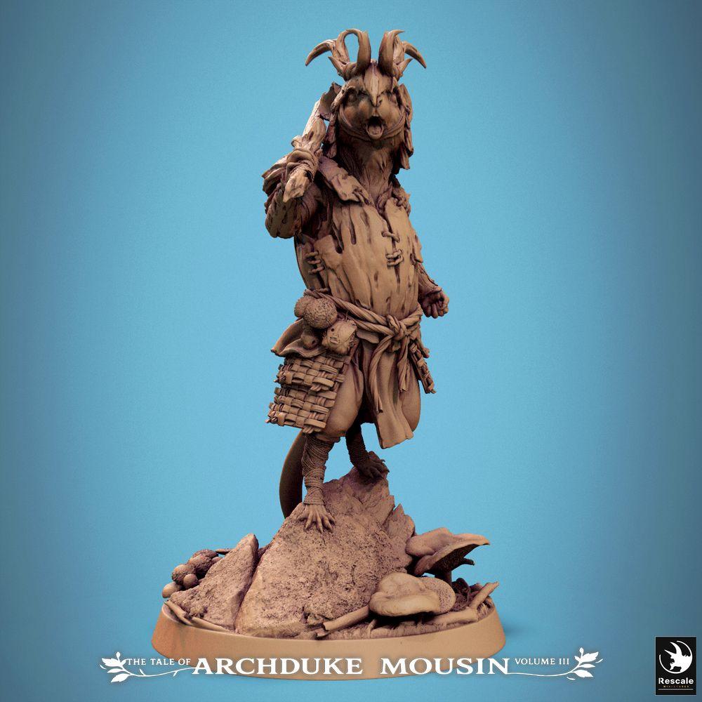 Produktfoto Tabletop 28mm Lord of the Print (LotP) 0: Tabletop Miniatur: Rattenmensch Anführer mit Keule, Nager-Schamane, Wald-Druide, Mäusekrieger, Ratfolk Chieftain auf Felsbase mit Pilzen (25_07_G3)