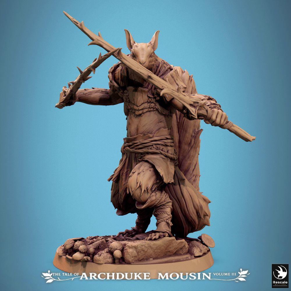 Produktfoto Tabletop 28mm Lord of the Print (LotP) 0: Fantasy Figur: Rattenmensch Waldläufer/Duellant - Zweiwaffenkämpfer mit Dornstab und Dornenmesser, Schurke und Bestienjäger (25_07_M5)