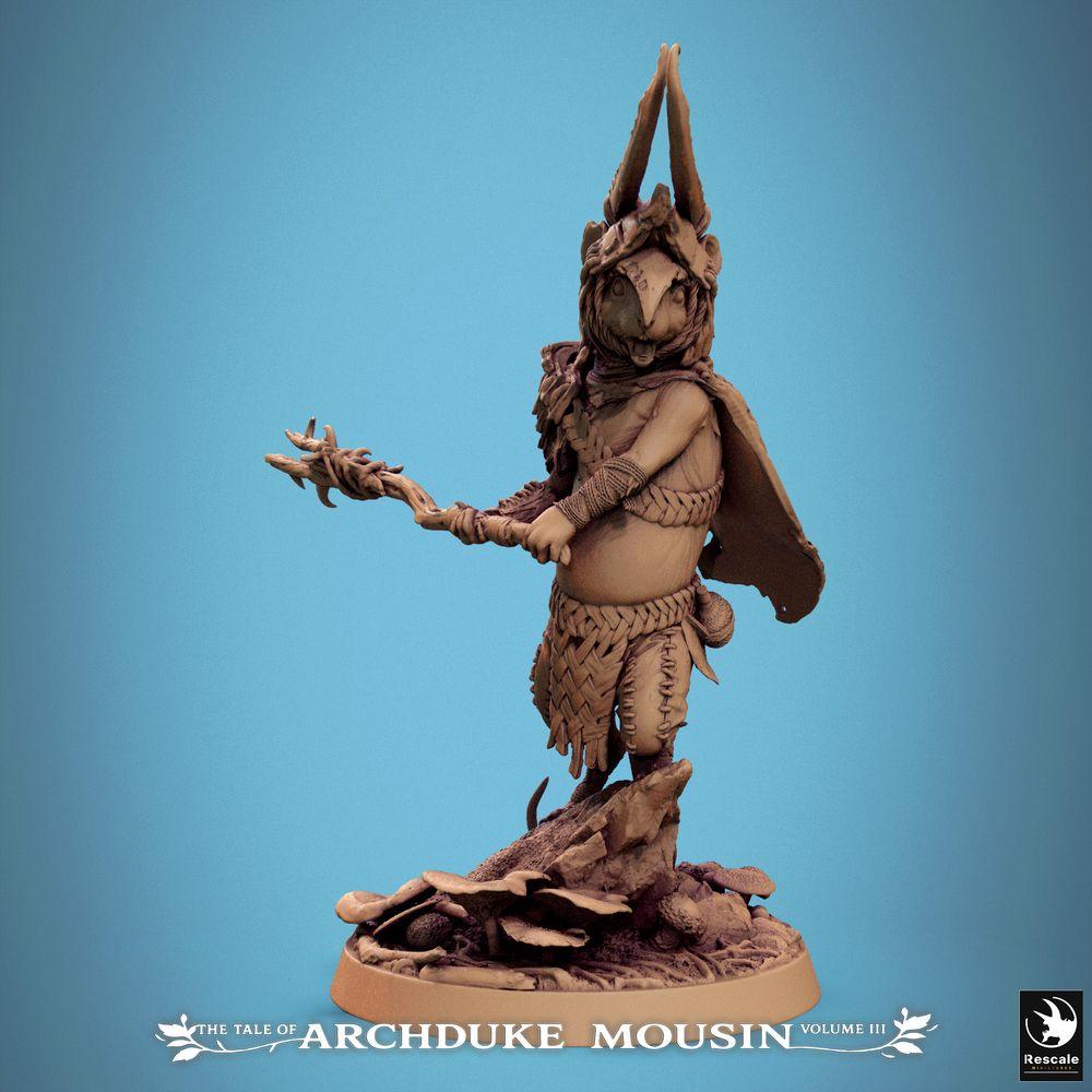 Produktfoto Tabletop 28mm Lord of the Print (LotP) 0: Tabletop Miniatur: Rattenmagier / Mausmagier - Tierfolk Schamane, Druide und Anführer mit Stab und gehörntem Kopfschmuck, Boss für Wargaming, Dungeon, Skirmish (25_07_I1)