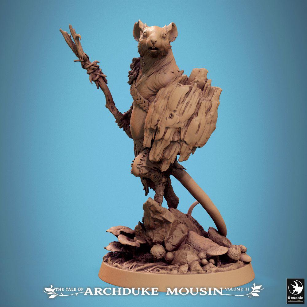 Produktfoto Tabletop 28mm Lord of the Print (LotP) 0: Fantasy Figur: Mäusekrieger mit Stab und naturhaftem Schild, Nagetier-Druide, Schamane, Schildträger, Wächter der Wildnis (25_07_I5)