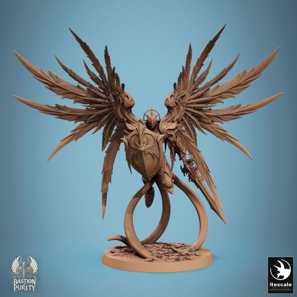 Produktfoto Tabletop 28mm Lord of the Print (LotP) 0: Tabletop Miniatur: Himmlischer Wächter Seraph - geflügelter Paladin/Engelskrieger mit großem Schild, schwebend im Sturzflug, Anführer, Nahkampf (24_09_B7)