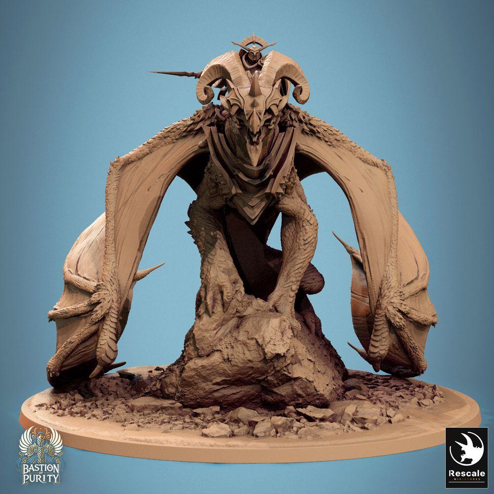 Produktfoto Tabletop 28mm Lord of the Print (LotP) 0: Tabletop Miniatur: Dämonenfürst / Drachendämon - geflügelte Schreckensbestie, brüllend kauernd auf Fels, Widderhörner, Fledermausflügel, Bossmonster (24_09_F1)