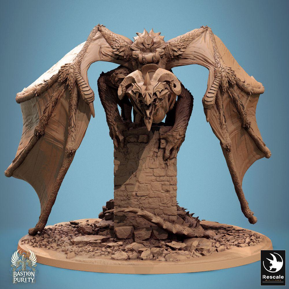 Produktfoto Tabletop 28mm Lord of the Print (LotP) 0: Tabletop Miniatur: Schattenwyrm Drache/Wyvern über Turmruine - Boss-Monster mit Ritter/Paladin als Drachenjäger, Langschwert, Diorama (24_09_F2)