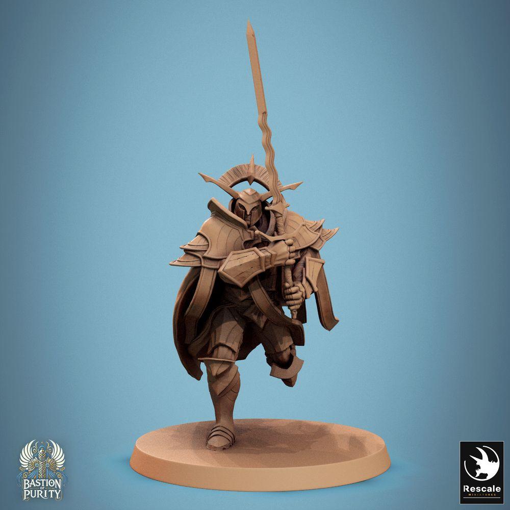 Produktfoto Tabletop 28mm Lord of the Print (LotP) 0: Tabletop Miniatur: Paladin-Tempelritter mit Zweihänder Flammenschwert - stürmender Schwertchampion in schwerer Plattenrüstung, Fantasy Ritter-Miniatur und Wargaming-Heldenfigur (24_09_C7)