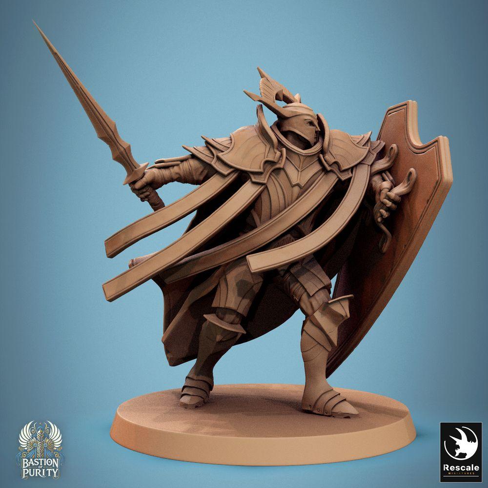 Produktfoto Tabletop 28mm Lord of the Print (LotP) 0: Fantasy Figur: Paladin/Tempelritter mit Flammenschwert und Turmschild - Bastion General, Schwert-und-Schild-Krieger, Anführer & Tank (24_09_C9)