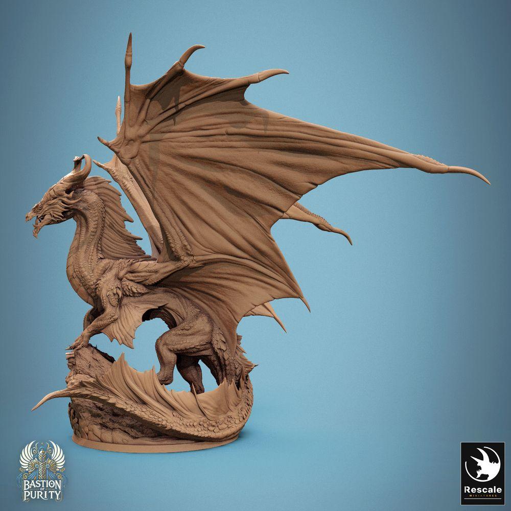 Produktfoto Tabletop 28mm Lord of the Print (LotP) 0: Tabletop Miniatur: Bronzedrache - Alter Großdrache Wyrm auf Felsensockel, Schwingen ausgebreitet, brüllend - Bossmonster, Höhlendrache mit Szenenbase (24_09_A2)