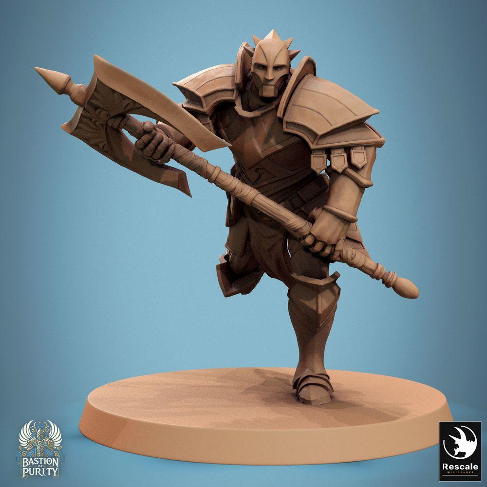 Produktfoto Tabletop 28mm Lord of the Print (LotP) 0: Tabletop Miniatur: Bastion Warrior - schwer gerüsteter Ritter/Paladin, Elite-Infanterist und Frontkämpfer mit Poleaxe/Hellebarde im Sturmangriff (24_09_C21)