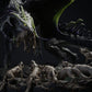 Produktfoto Tabletop 28mm Lord of the Print (LotP) 1: Tabletop Fantasy Miniaturenset: Black Dragon Hunt - Schwarzer Drache mit Jagdhunden auf szenischer Felsenbase (26_03_A1)