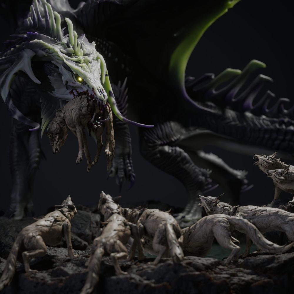 Produktfoto Tabletop 28mm Lord of the Print (LotP) 1: Tabletop Fantasy Miniaturenset: Black Dragon Hunt - Schwarzer Drache mit Jagdhunden auf szenischer Felsenbase (26_03_A1)