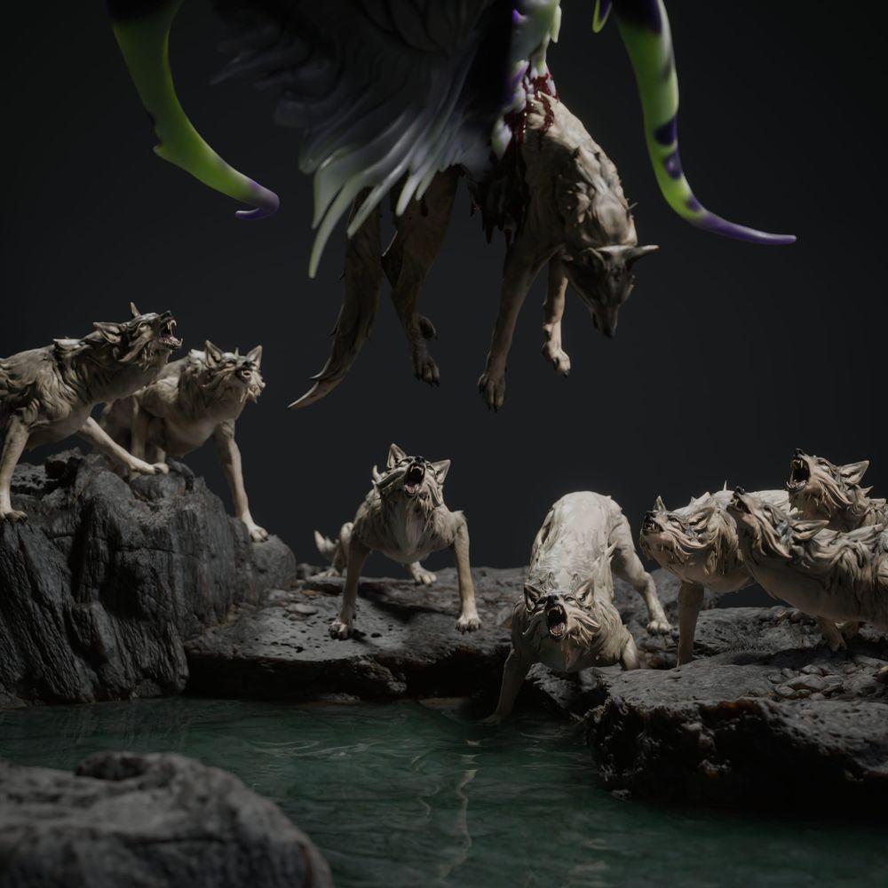 Produktfoto Tabletop 28mm Lord of the Print (LotP) 2: Tabletop Fantasy Miniaturenset: Black Dragon Hunt - Schwarzer Drache mit Jagdhunden auf szenischer Felsenbase (26_03_A1)