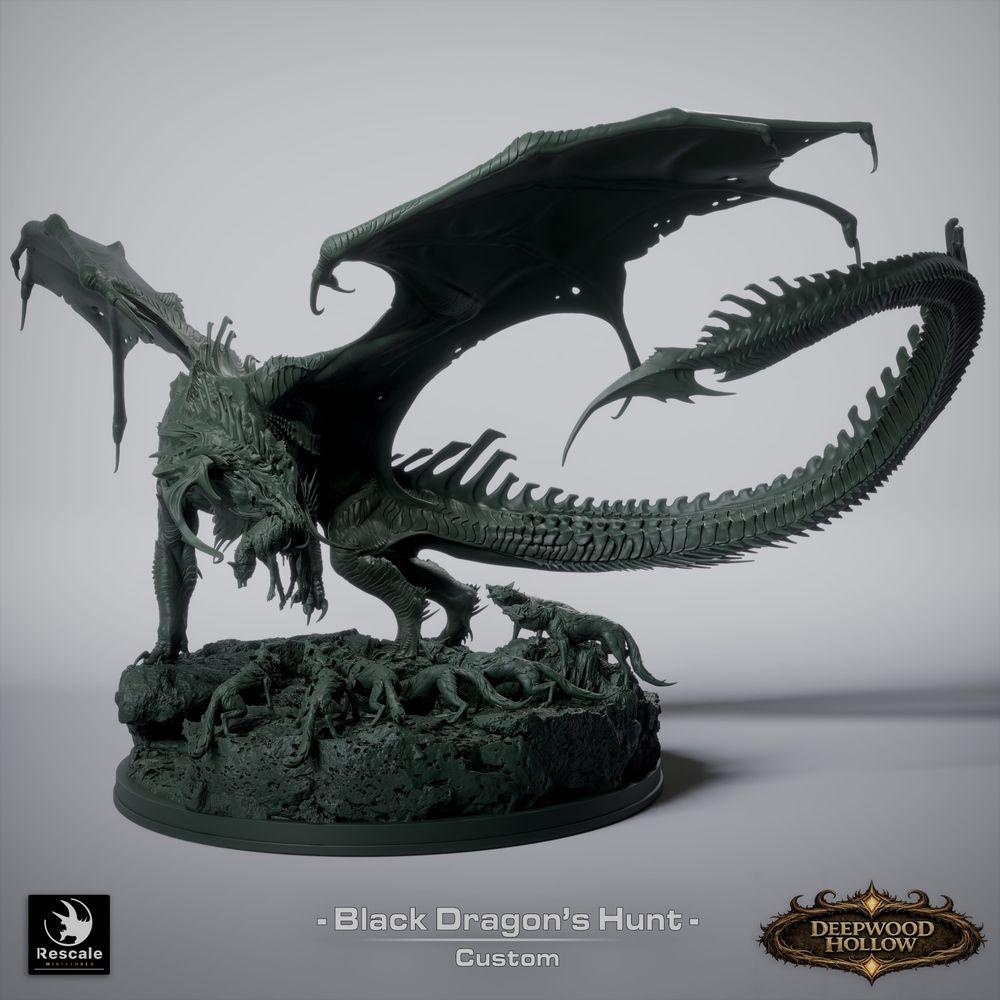 Produktfoto Tabletop 28mm Lord of the Print (LotP) 6: Tabletop Fantasy Miniaturenset: Black Dragon Hunt - Schwarzer Drache mit Jagdhunden auf szenischer Felsenbase (26_03_A1)