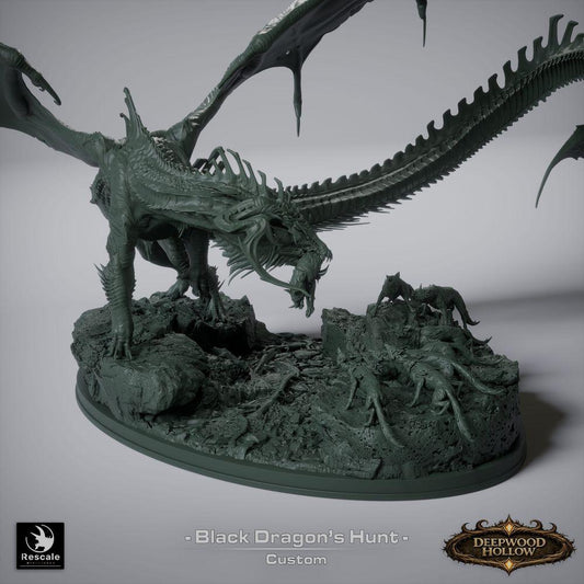 Produktfoto Tabletop 28mm Lord of the Print (LotP) 7: Tabletop Fantasy Miniaturenset: Black Dragon Hunt - Schwarzer Drache mit Jagdhunden auf szenischer Felsenbase (26_03_A1)