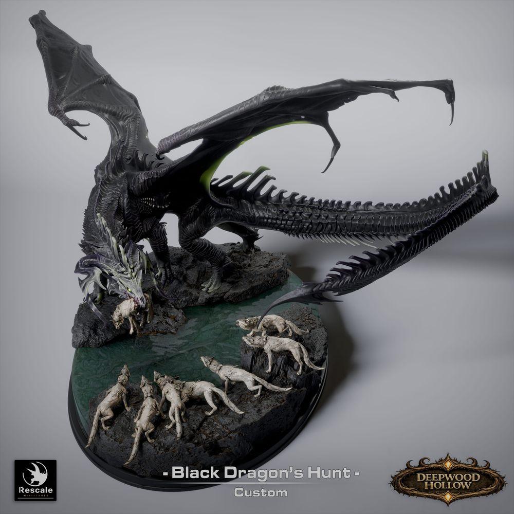 Produktfoto Tabletop 28mm Lord of the Print (LotP) 8: Tabletop Fantasy Miniaturenset: Black Dragon Hunt - Schwarzer Drache mit Jagdhunden auf szenischer Felsenbase (26_03_A1)