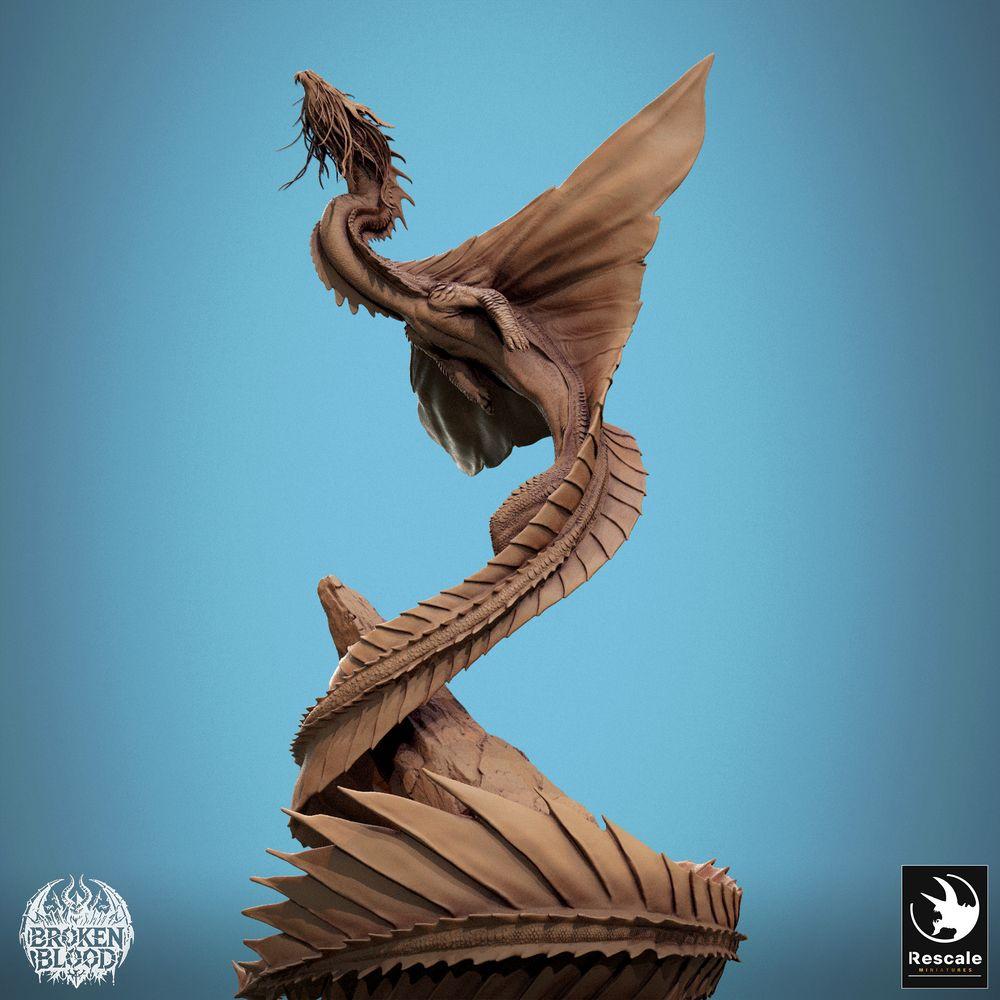 Produktfoto Tabletop 28mm Lord of the Print (LotP) 4: Fantasy Miniatur: Wyvern / Lindwurm Drache, aufsteigendes Bossmonster auf Felsbase, dynamische Flugpose (24_11_F1)