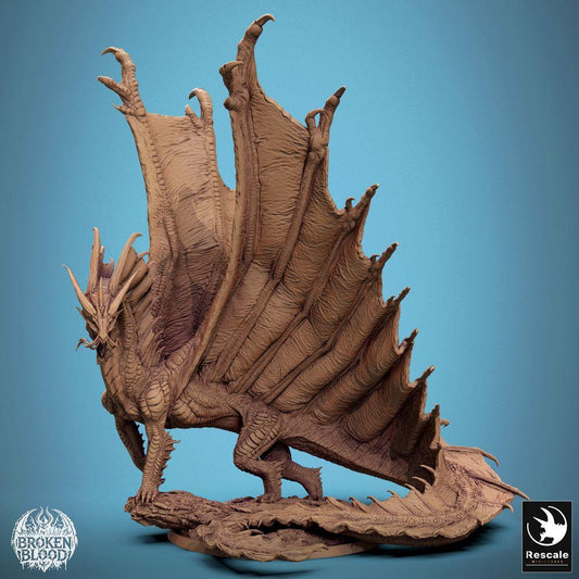 Produktfoto Tabletop 28mm Lord of the Print (LotP) 0: Tabletop Miniatur: Antiker Großdrache Wyrm, Lindwurm - Gold Dragon, Bossmonster Großfigur, brüllend mit gespreizten Flügeln auf felsigem Base (24_11_A7)