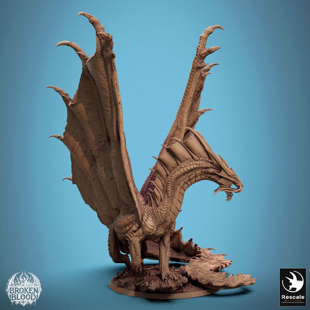 Produktfoto Tabletop 28mm Lord of the Print (LotP) 1: Tabletop Miniatur: Antiker Großdrache Wyrm, Lindwurm - Gold Dragon, Bossmonster Großfigur, brüllend mit gespreizten Flügeln auf felsigem Base (24_11_A7)