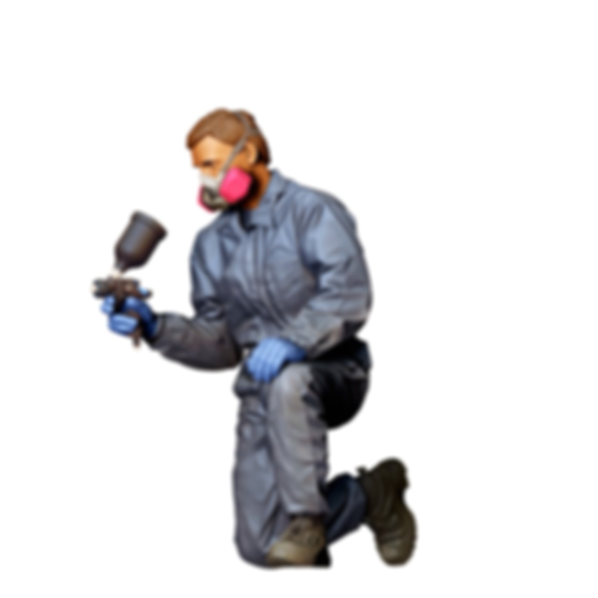 3DP Miniatures 2: Kniende Figur: Autolackierer im Schutzanzug mit Atemschutz & Spritzpistole (Ref. Nr. 488)
