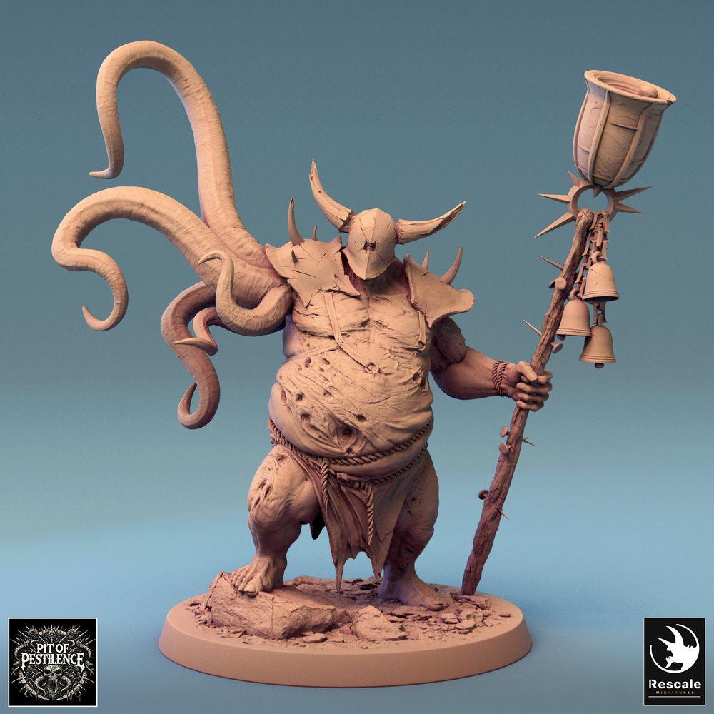 Produktfoto Tabletop 28mm Lord of the Print (LotP) 0: Tabletop Miniatur: Verderbter Seuchenpriester / Pestschamane mit stachelbewehrtem Ritualstab und Glocken, mutierter Kult-Anführer, Tentakel-Monster (24_08_D3)