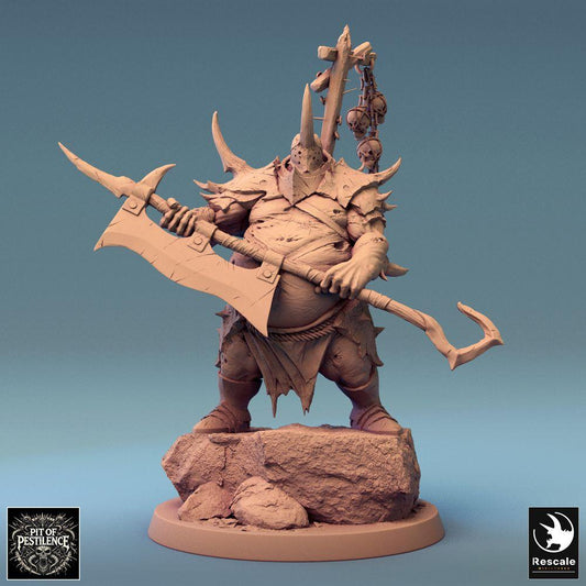 Produktfoto Tabletop 28mm Lord of the Print (LotP) 0: Tabletop Miniatur: Seuchenkrieger Henker-Kommandant mit Hellebarde, Chaos-Barbar mit Trophäenstandarte, monströse Infanterie, Executioner Commander (24_08_D6)