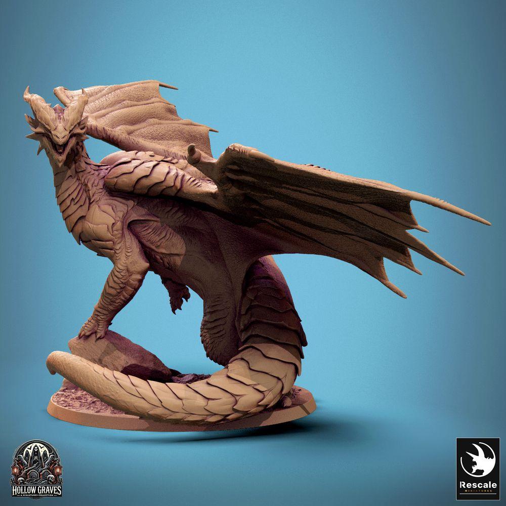 Produktfoto Tabletop 28mm Lord of the Print (LotP) 0: Fantasy Figur: Kupferdrache Copper Dragon, uralter Wyrm und Drachenfürst, brüllend mit ausgebreiteten Flügeln, auf Fels-Base, Bossmonster (24_10_D1)
