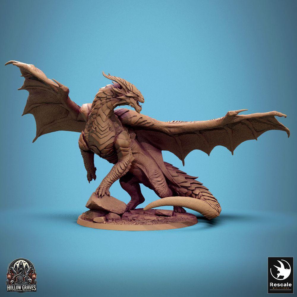 Produktfoto Tabletop 28mm Lord of the Print (LotP) 0: Fantasy Figur: Kupferdrache Copper Dragon, uralter Wyrm und Drachenfürst, brüllend mit ausgebreiteten Flügeln, auf Fels-Base, Bossmonster (24_10_D1)