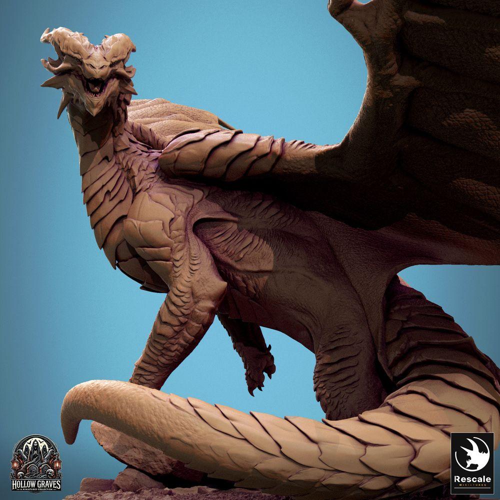 Produktfoto Tabletop 28mm Lord of the Print (LotP) 0: Fantasy Figur: Kupferdrache Copper Dragon, uralter Wyrm und Drachenfürst, brüllend mit ausgebreiteten Flügeln, auf Fels-Base, Bossmonster (24_10_D1)