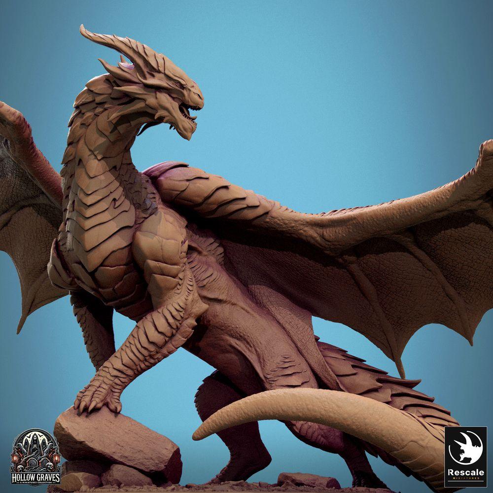 Produktfoto Tabletop 28mm Lord of the Print (LotP) 0: Fantasy Figur: Kupferdrache Copper Dragon, uralter Wyrm und Drachenfürst, brüllend mit ausgebreiteten Flügeln, auf Fels-Base, Bossmonster (24_10_D1)