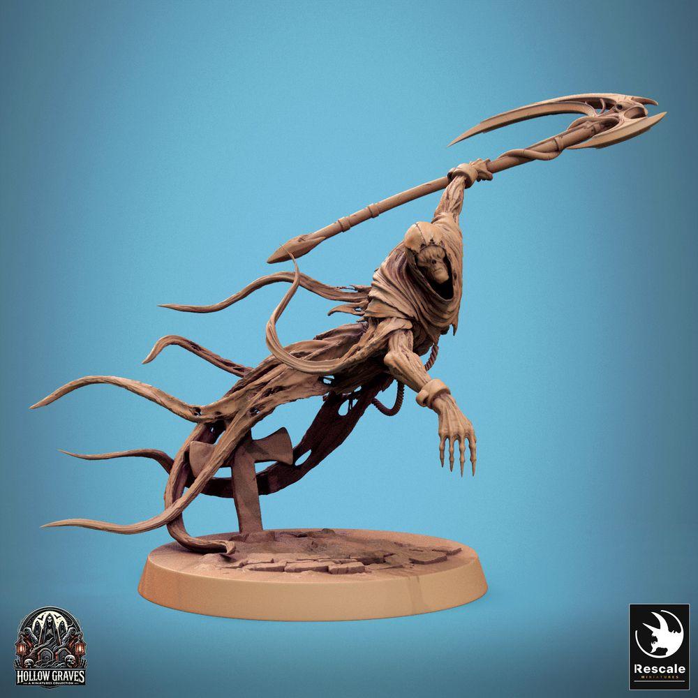 Produktfoto Tabletop 28mm Lord of the Print (LotP) 0: Tabletop Miniatur: Untoter Sensenmann Wraith, Geist mit zweiklingiger Sense, schwebender Dungeon-Boss auf Grabstein-Base (24_10_A1)