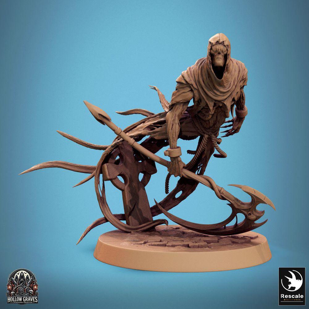 Produktfoto Tabletop 28mm Lord of the Print (LotP) 0: Fantasy Figur: Todesgeist Assassine - Schattenklinge mit Doppelklingen-Stangenwaffe, untoter Schnitter und Seelensammler in dynamischer Vorwärts-Pose (24_10_A5)