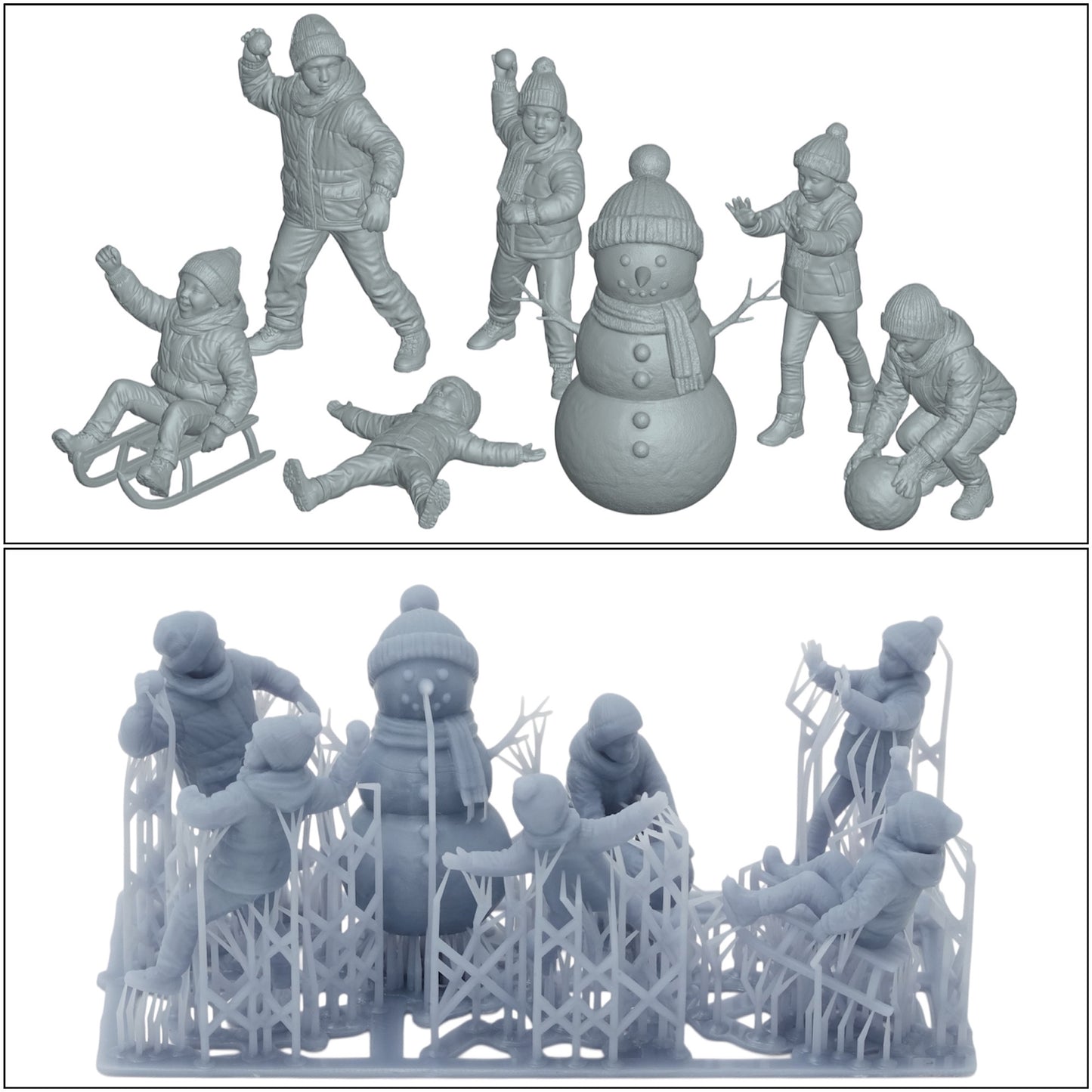 Diorama Modellbau Produktfoto 0: Winterliche Kinder - 7 Figuren - Schneemann und Schneeballschlacht