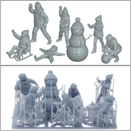 Diorama Modellbau Produktfoto 0: Winterliche Kinder - 7 Figuren - Schneemann und Schneeballschlacht
