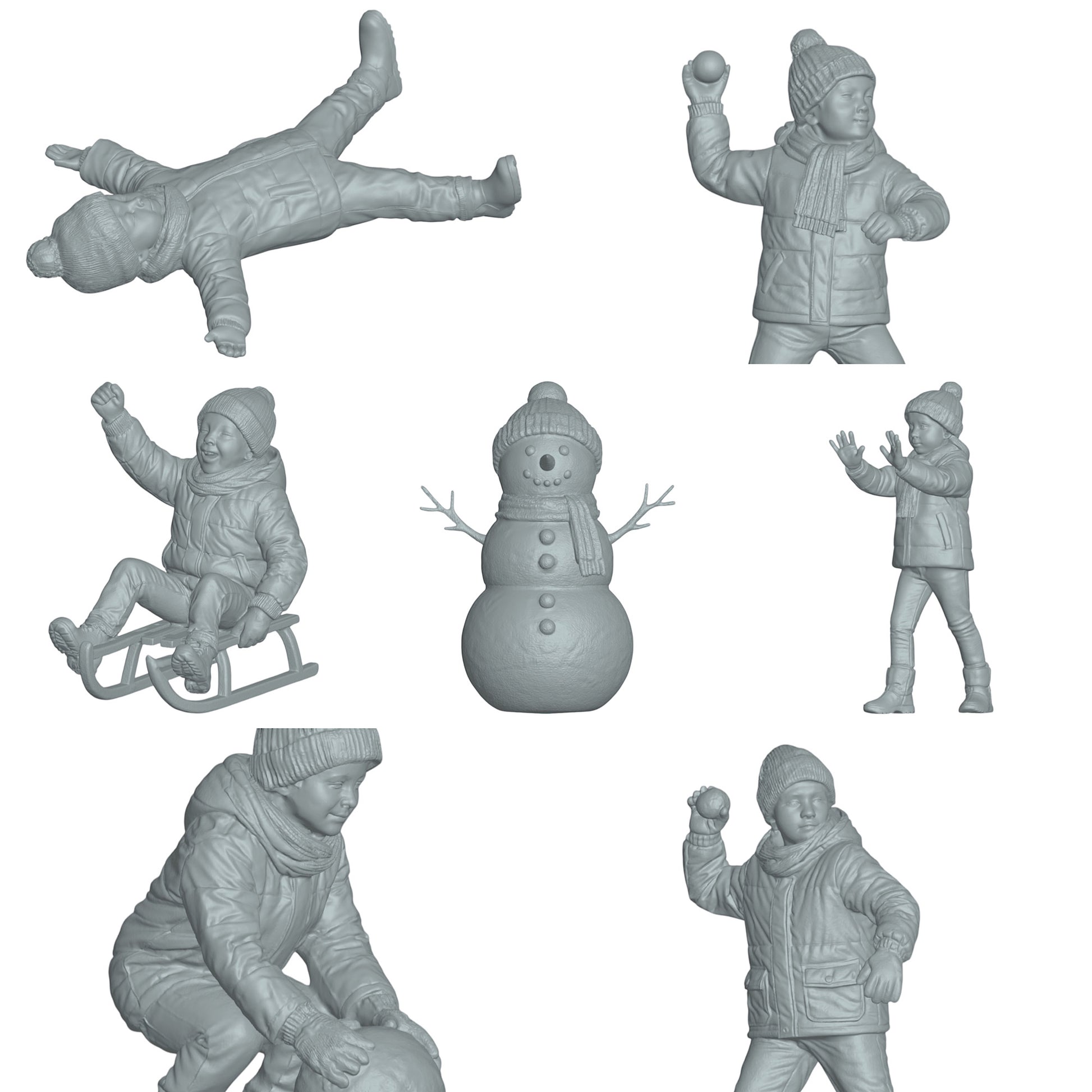 Diorama Modellbau Produktfoto 0: Winterliche Kinder - 7 Figuren - Schneemann und Schneeballschlacht