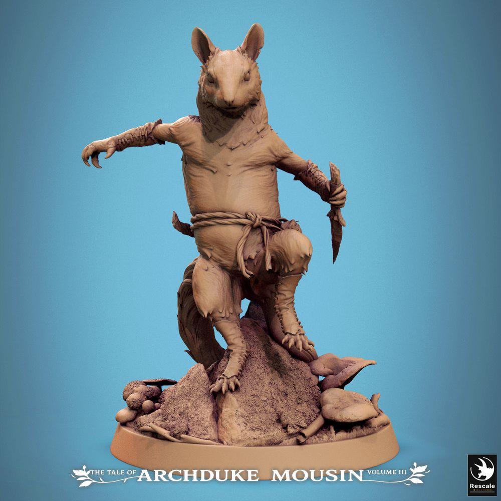 Produktfoto Tabletop 28mm Lord of the Print (LotP) 0: Tabletop Miniatur: Gartenschläfer Mäusemensch Schurke, Sprungpose mit Dolch - Stammes-Assassine, Hinterhaltkämpfer, Scout (25_07_Q5)