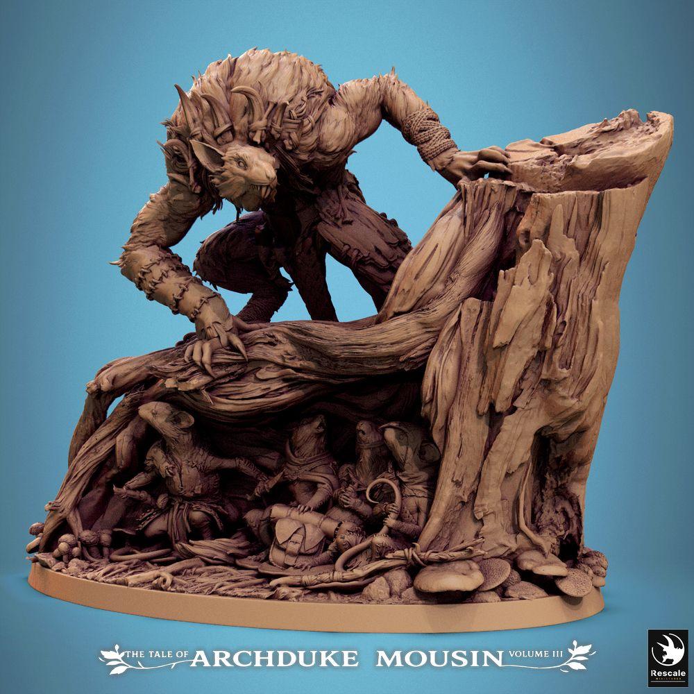Produktfoto Tabletop 28mm Lord of the Print (LotP) 0: Tabletop Miniatur: Tiermensch Werwolf-Hybrid auf Baumstumpf, Waldbestie und Alpha-Räuber, Dungeon-Boss, Szenenbase mit Mäuse- und Rattenwesen (25_07_R1)