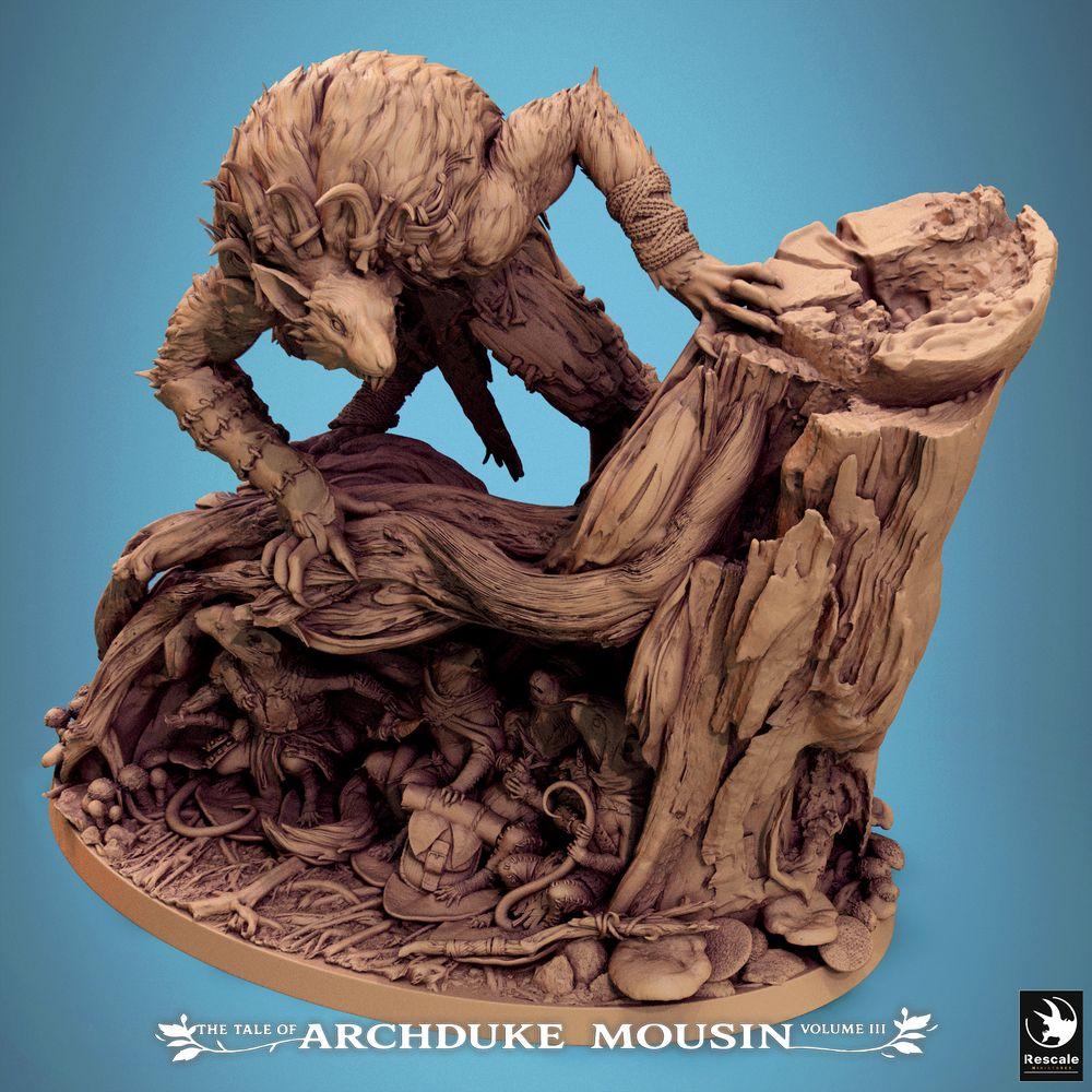 Produktfoto Tabletop 28mm Lord of the Print (LotP) 1: Tabletop Miniatur: Tiermensch Werwolf-Hybrid auf Baumstumpf, Waldbestie und Alpha-Räuber, Dungeon-Boss, Szenenbase mit Mäuse- und Rattenwesen (25_07_R1)