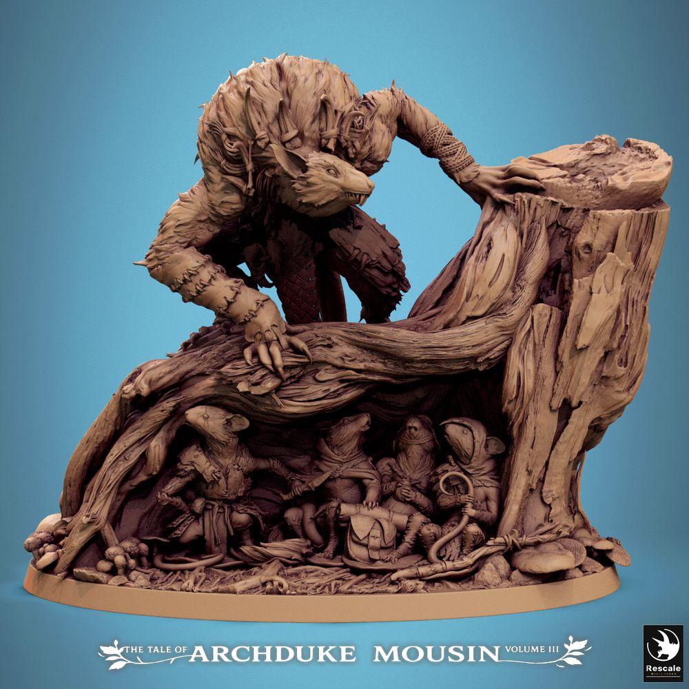 Produktfoto Tabletop 28mm Lord of the Print (LotP) 2: Tabletop Miniatur: Tiermensch Werwolf-Hybrid auf Baumstumpf, Waldbestie und Alpha-Räuber, Dungeon-Boss, Szenenbase mit Mäuse- und Rattenwesen (25_07_R1)