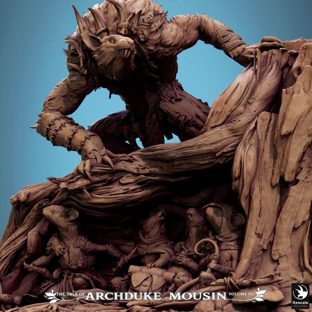 Produktfoto Tabletop 28mm Lord of the Print (LotP) 3: Tabletop Miniatur: Tiermensch Werwolf-Hybrid auf Baumstumpf, Waldbestie und Alpha-Räuber, Dungeon-Boss, Szenenbase mit Mäuse- und Rattenwesen (25_07_R1)