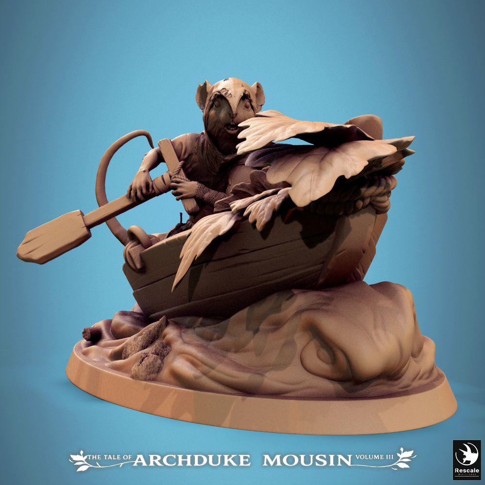 Produktfoto Tabletop 28mm Lord of the Print (LotP) 0: Tabletop Miniatur: Nager-Abenteurer im Ruderboot - Rattenmensch/Maus als Waldläufer, Späher, Flusspirat oder Fährmann mit Paddel - Bootsszene auf Diorama-Base (25_07_Q13)
