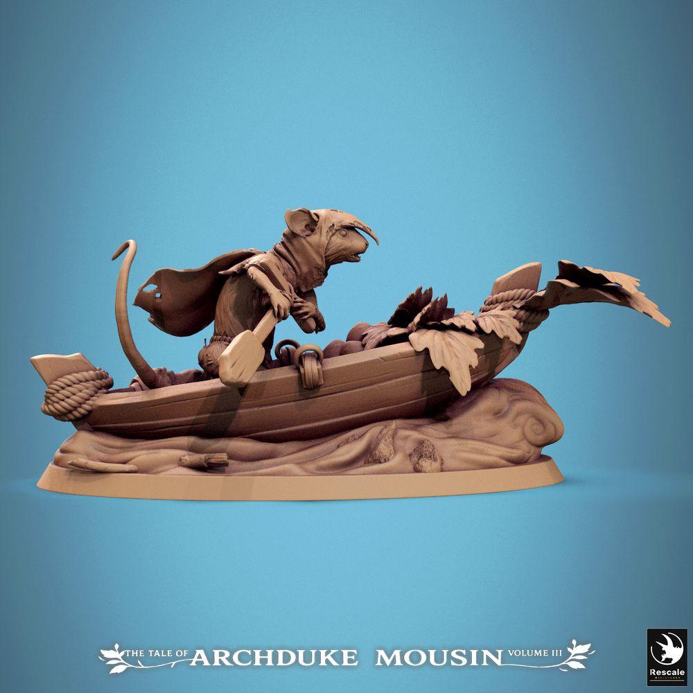 Produktfoto Tabletop 28mm Lord of the Print (LotP) 1: Tabletop Miniatur: Nager-Abenteurer im Ruderboot - Rattenmensch/Maus als Waldläufer, Späher, Flusspirat oder Fährmann mit Paddel - Bootsszene auf Diorama-Base (25_07_Q13)