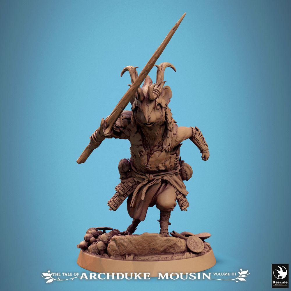 Produktfoto Tabletop 28mm Lord of the Print (LotP) 0: Tabletop Miniatur: Maus-Krieger des Nagervolks, Speerkämpfer im Sturmangriff, Anführer/Späher - Mouse Charge (25_07_Q15)