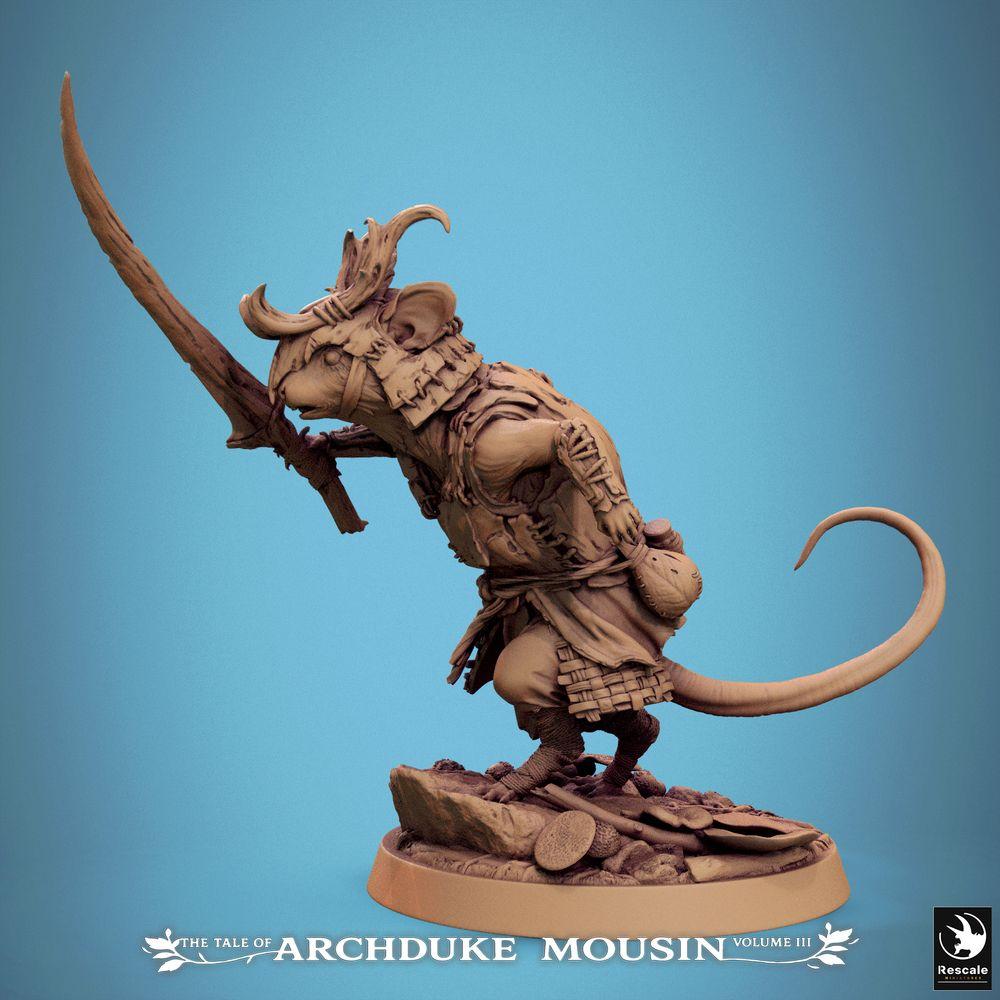 Produktfoto Tabletop 28mm Lord of the Print (LotP) 1: Tabletop Miniatur: Maus-Krieger des Nagervolks, Speerkämpfer im Sturmangriff, Anführer/Späher - Mouse Charge (25_07_Q15)