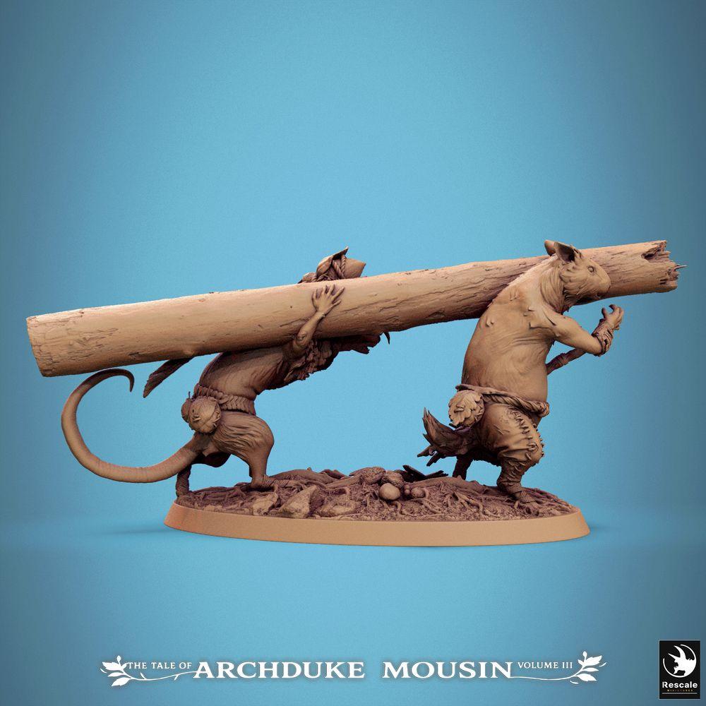 Produktfoto Tabletop 28mm Lord of the Print (LotP) 1: Tabletop Miniatur: Rattenmenschen Träger-Duo - Nager Pioniertrupp mit Spreng- oder Rammlast, Belagerungswaffe, Wargame Einheit und Skirmish Proxies (25_07_Q11)