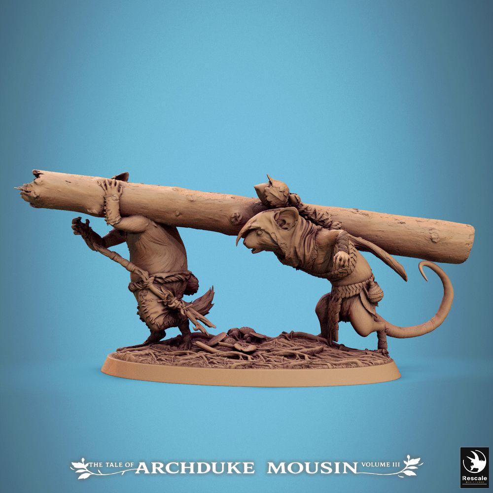 Produktfoto Tabletop 28mm Lord of the Print (LotP) 2: Tabletop Miniatur: Rattenmenschen Träger-Duo - Nager Pioniertrupp mit Spreng- oder Rammlast, Belagerungswaffe, Wargame Einheit und Skirmish Proxies (25_07_Q11)