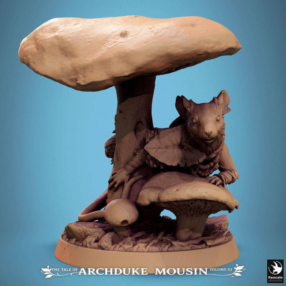 Produktfoto Tabletop 28mm Lord of the Print (LotP) 0: Fantasy Figur: Anthropomorphe Maus - Waldläufer/Ranger, Schurke, Scout im Pilzwald unter Pilzkappe, Blatt-Umhang, Scenic Base (25_07_Q21)